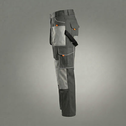 Two-tone gray utility pants with cargo pockets.