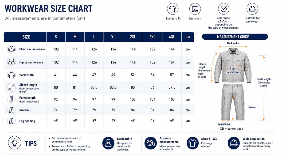 Workwear size chart S–4XL with jacket and pants diagram.