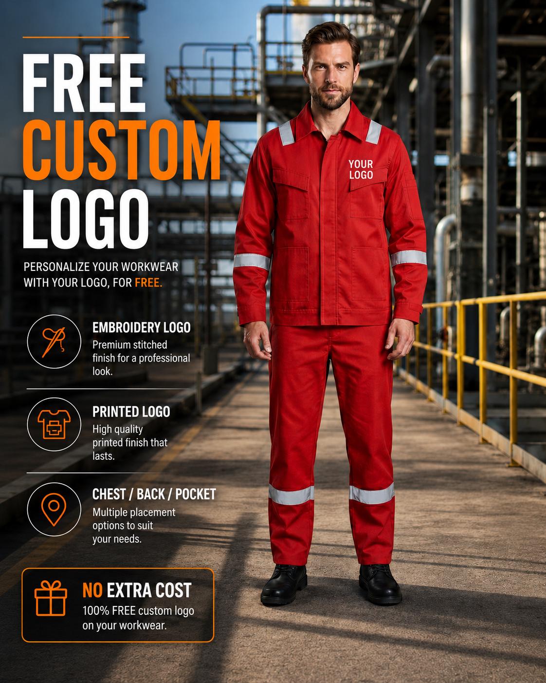 Red reflective workwear uniform with custom-logo chest placement.