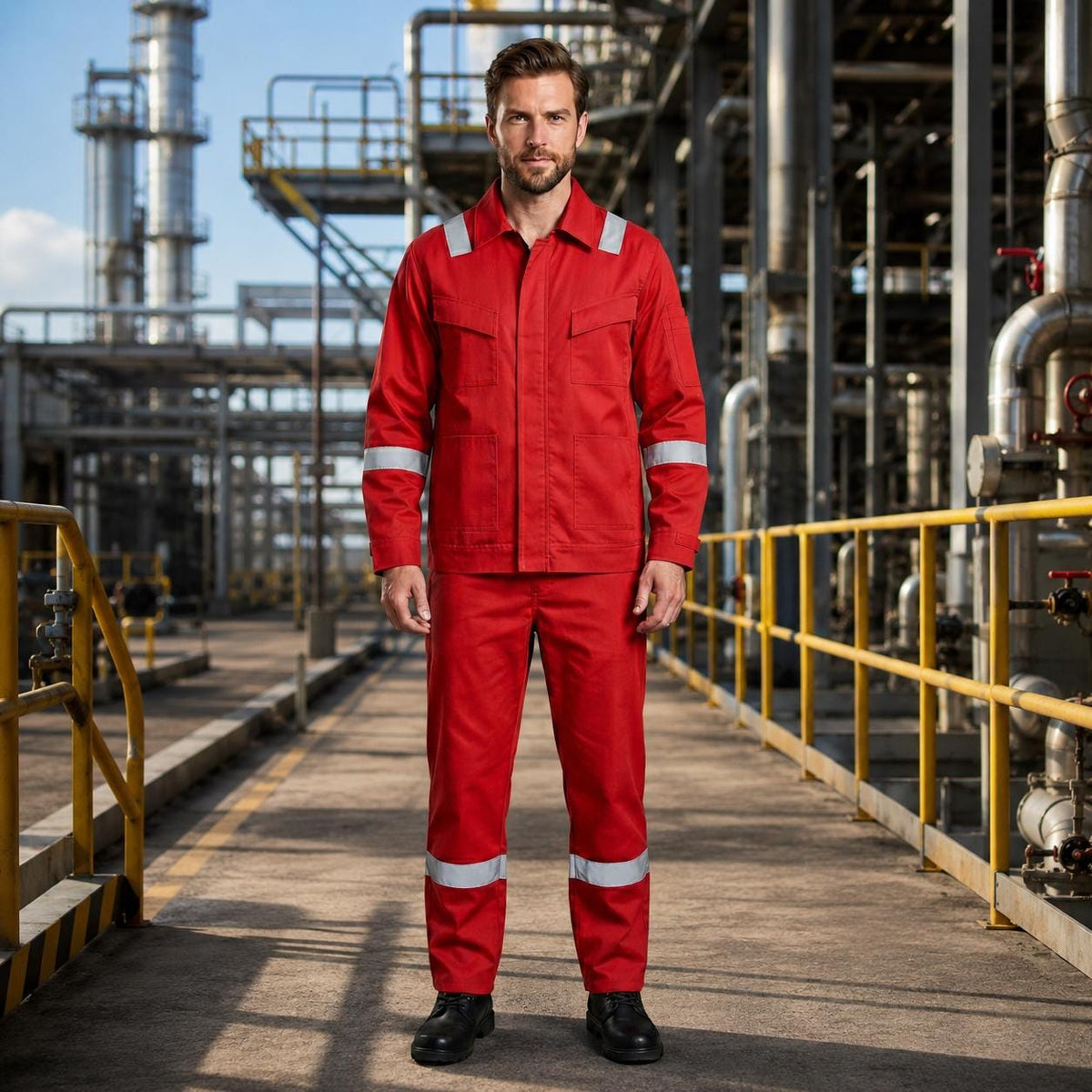 Red reflective jacket and trousers set, front view.