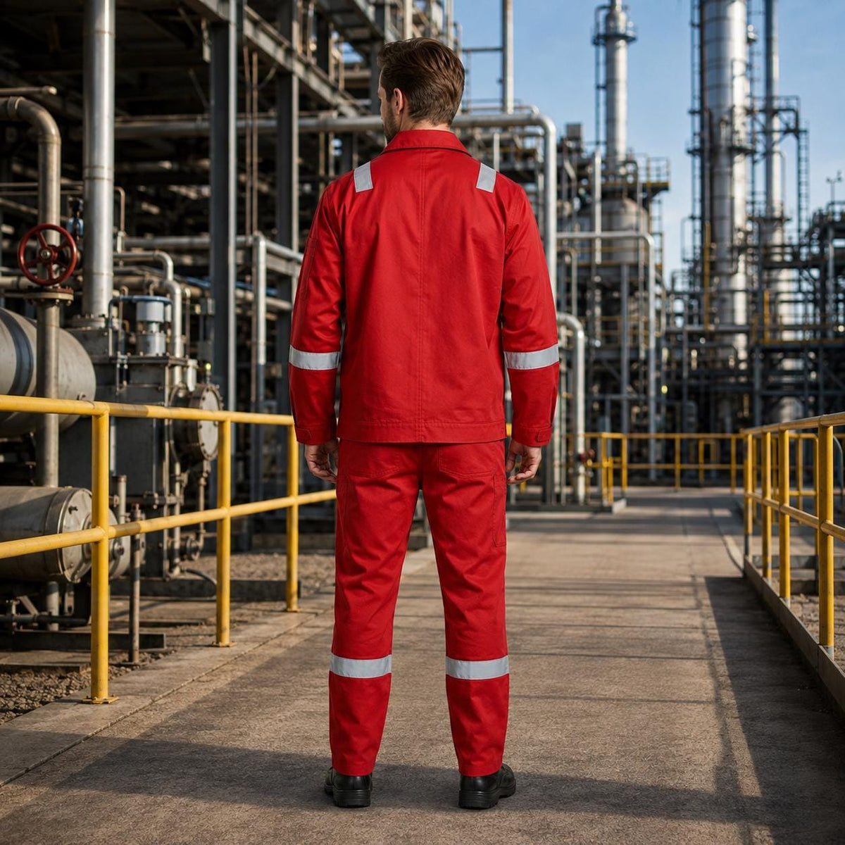 Red reflective industrial uniform full-length view.