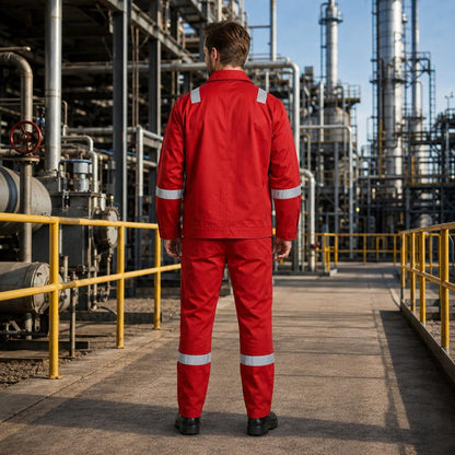 Red reflective industrial uniform full-length view.