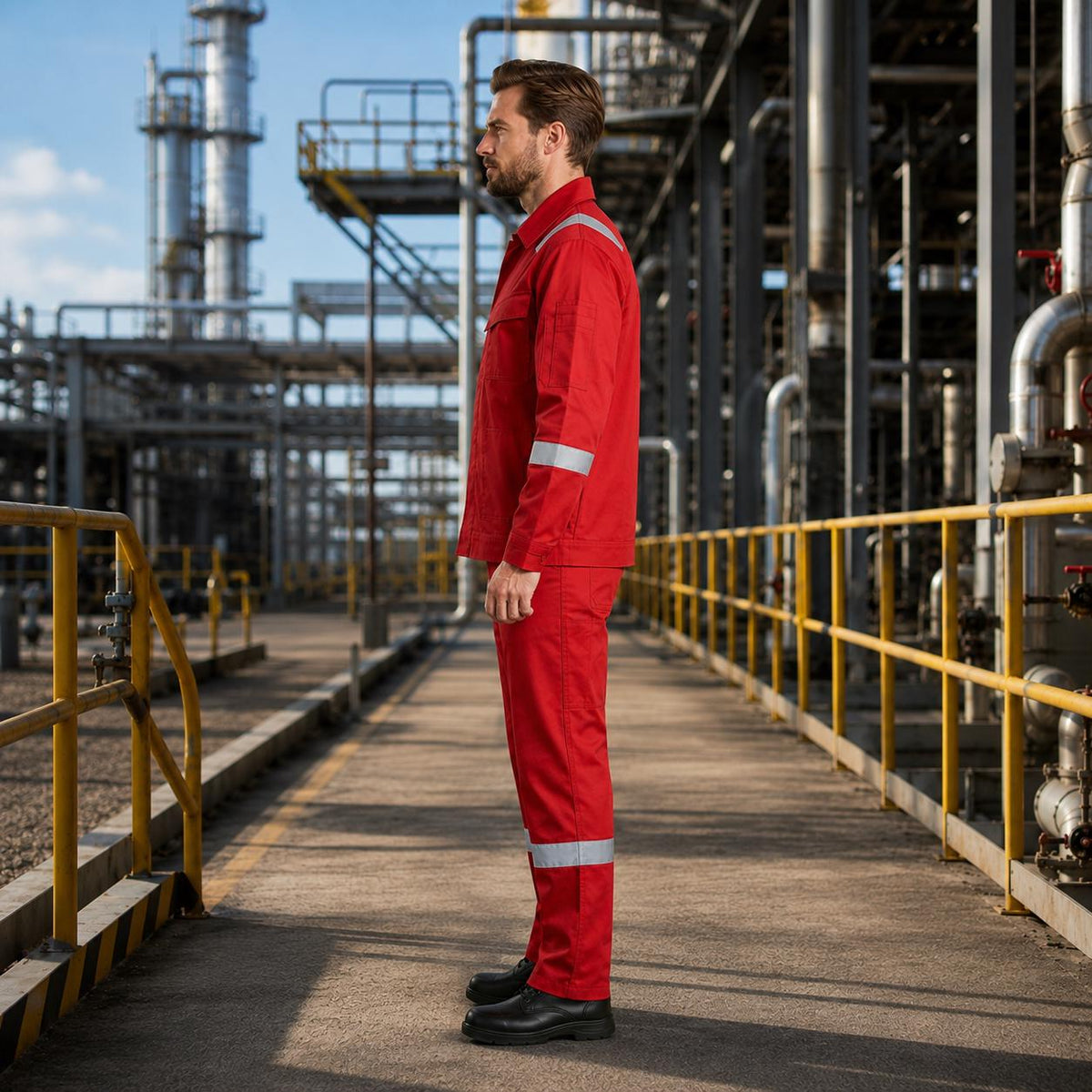 Red button-up work jacket and matching reflective trousers.