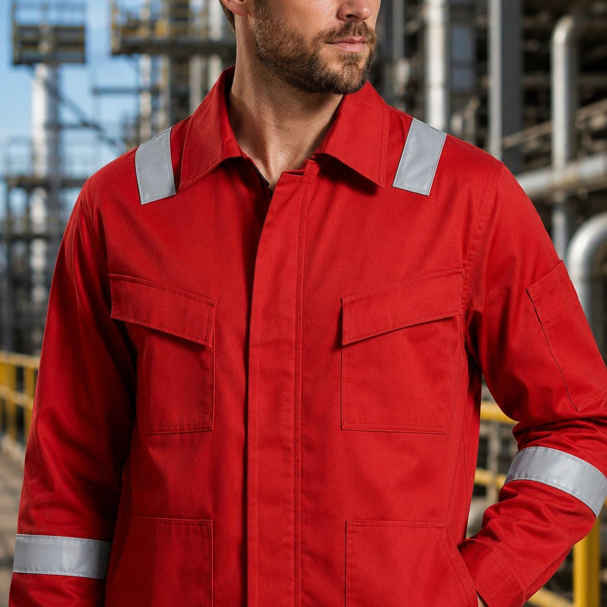Red work jacket chest pockets and reflective shoulder details.
