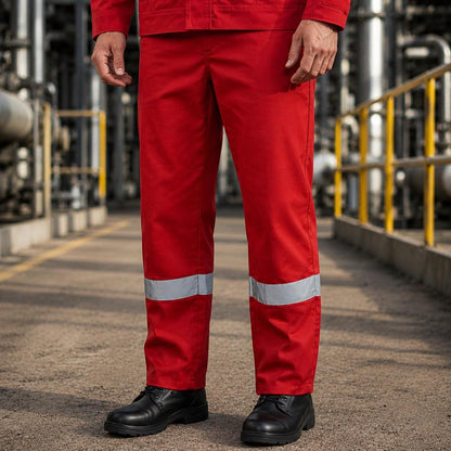 Red work trousers with reflective lower-leg bands.