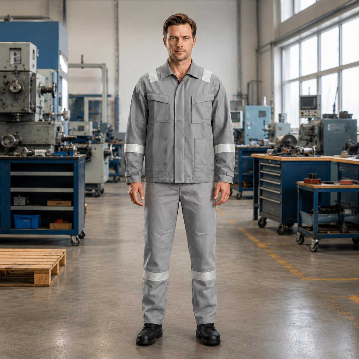 Light-gray reflective jacket and trousers uniform.