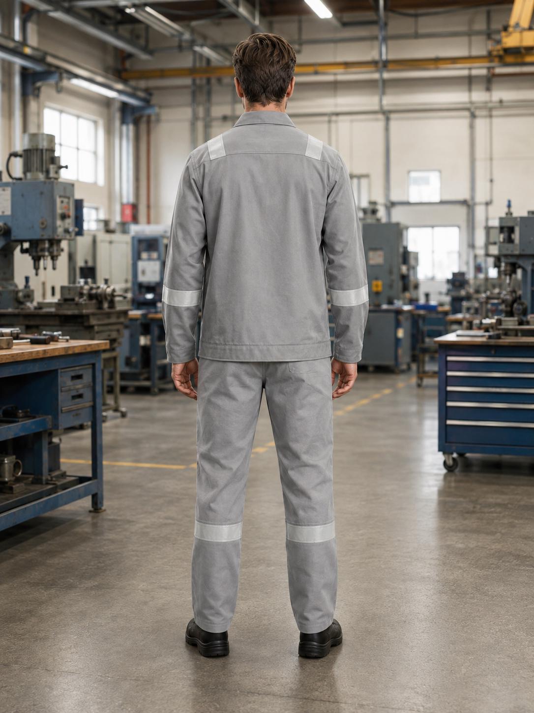 Light-gray reflective workwear set, full front view.