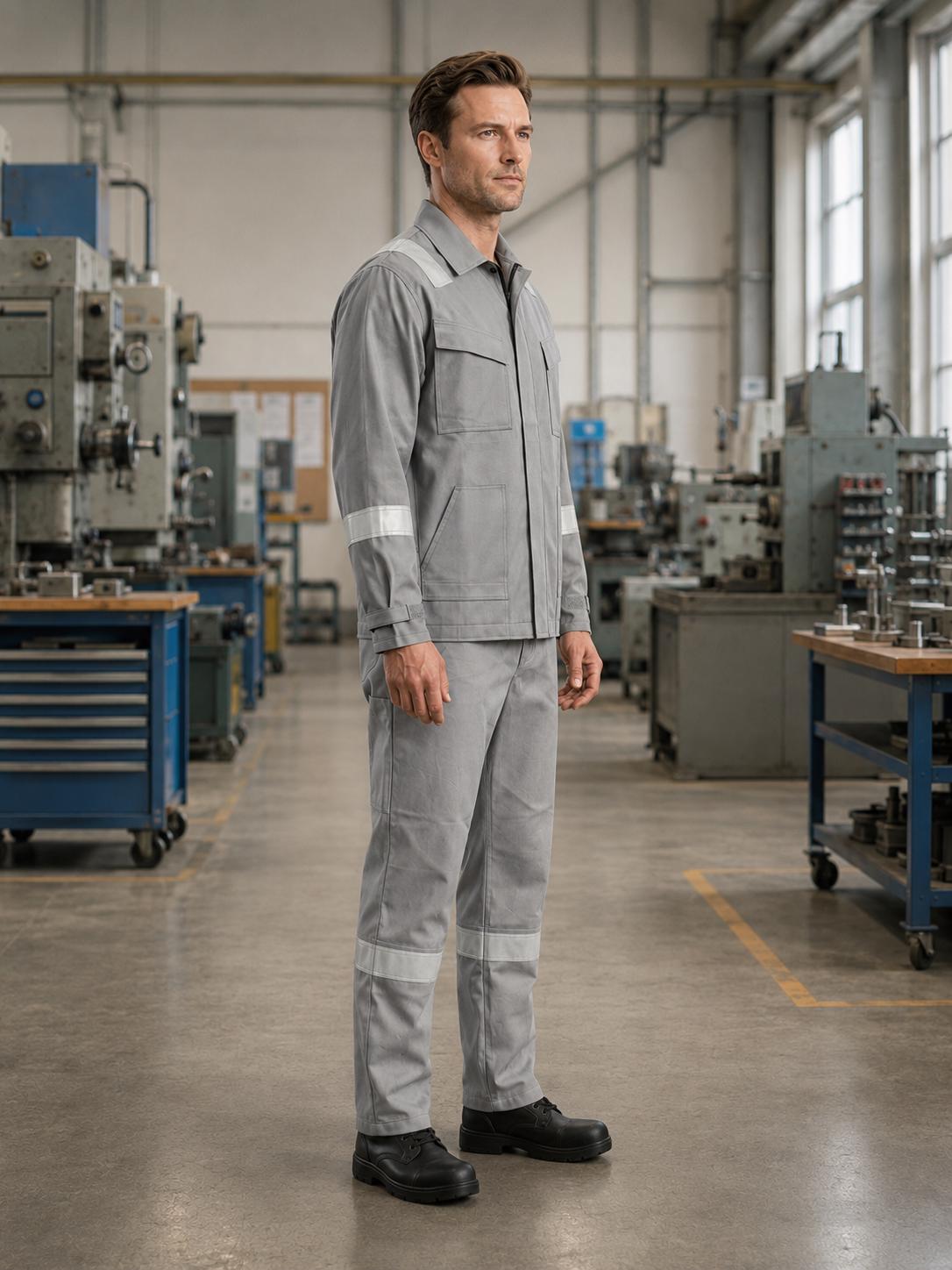 Light-gray button-up jacket and matching reflective trousers.