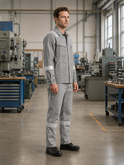 Light-gray button-up jacket and matching reflective trousers.