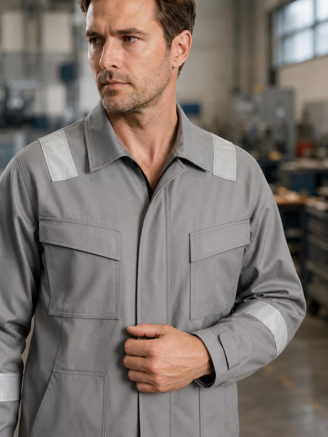 Light-gray work jacket with reflective shoulders and sleeves.
