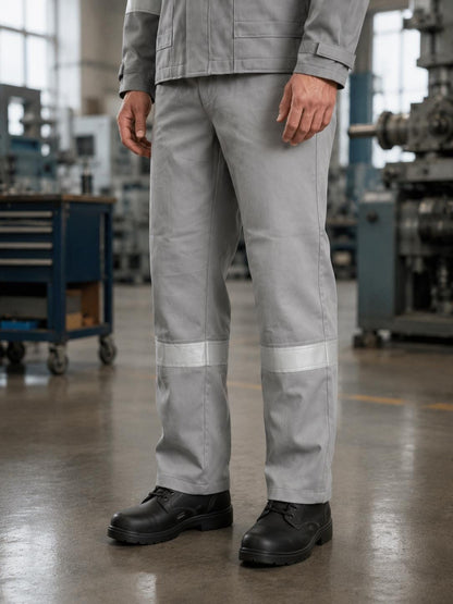 Light-gray trousers with reflective lower-leg bands.