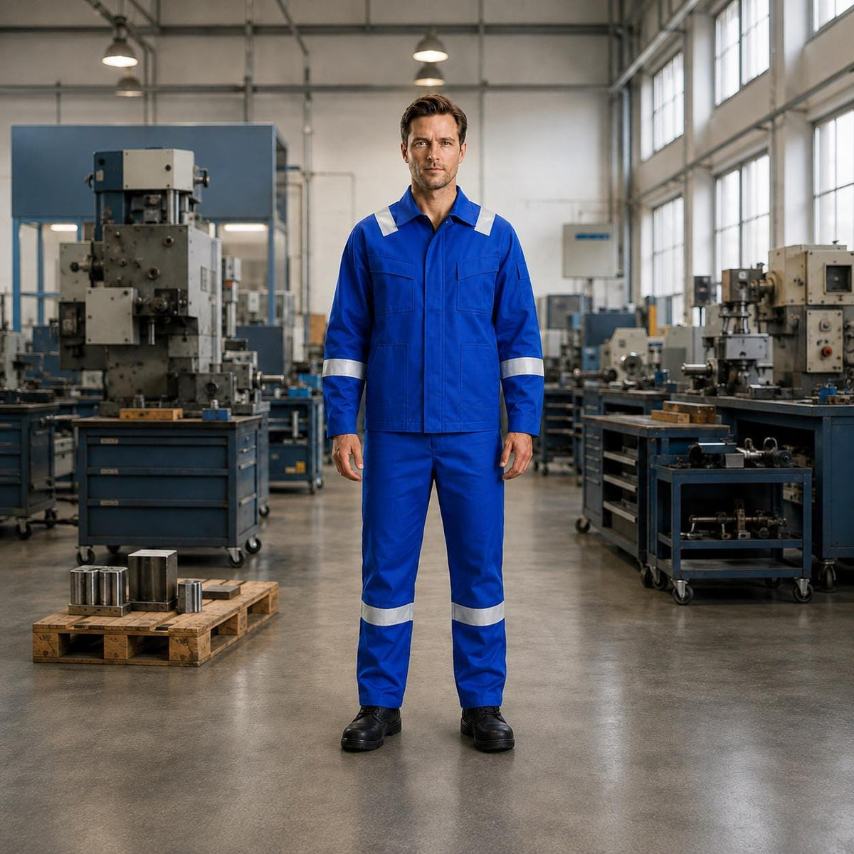 Blue reflective jacket and trousers industrial uniform.
