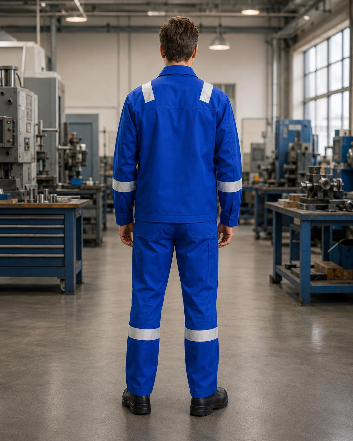 Blue button-up workwear set with reflective bands.