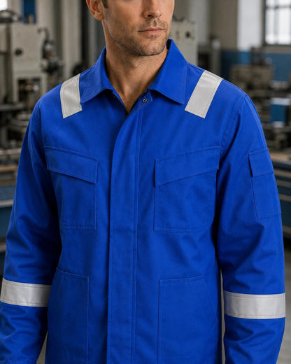 Blue work jacket with chest pockets and reflective shoulders.