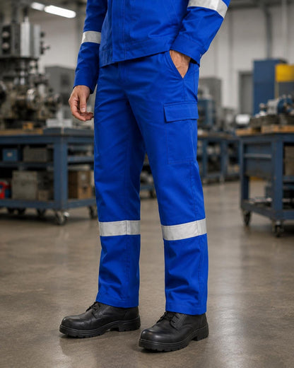 Blue cargo trousers pocket and reflective lower-leg detail.