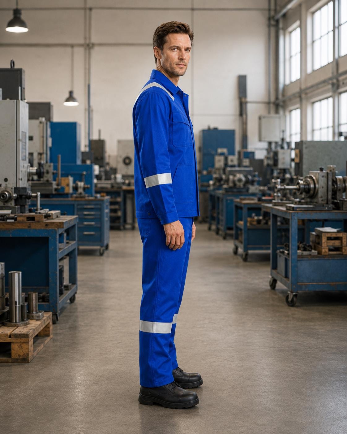 Blue reflective jacket and matching trousers full-length view.