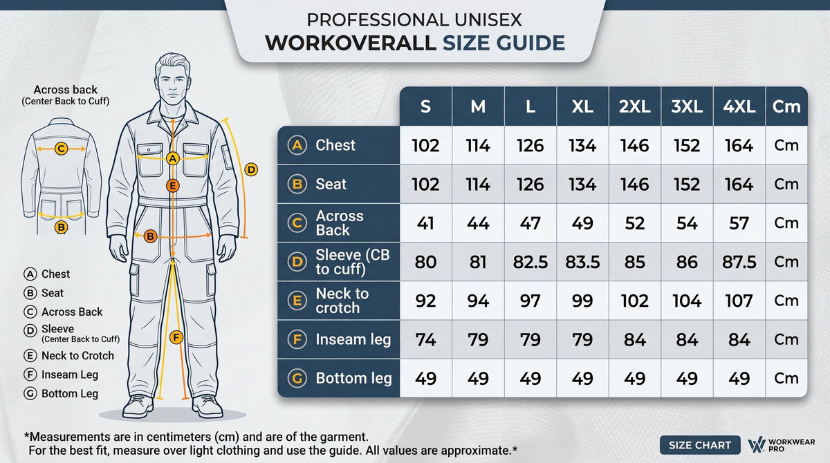 Unisex workwear size chart S–4XL with measurement diagram.