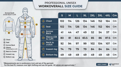 Unisex workwear size chart S–4XL with measurement diagram.