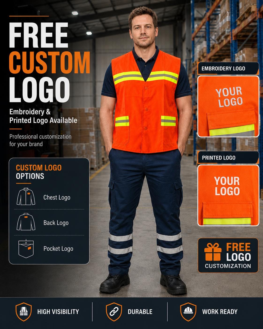 Orange reflective safety vest worn with navy polo and work trousers.