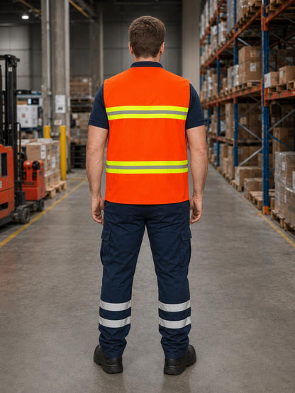 Orange reflective vest layered over navy polo and cargo pants.