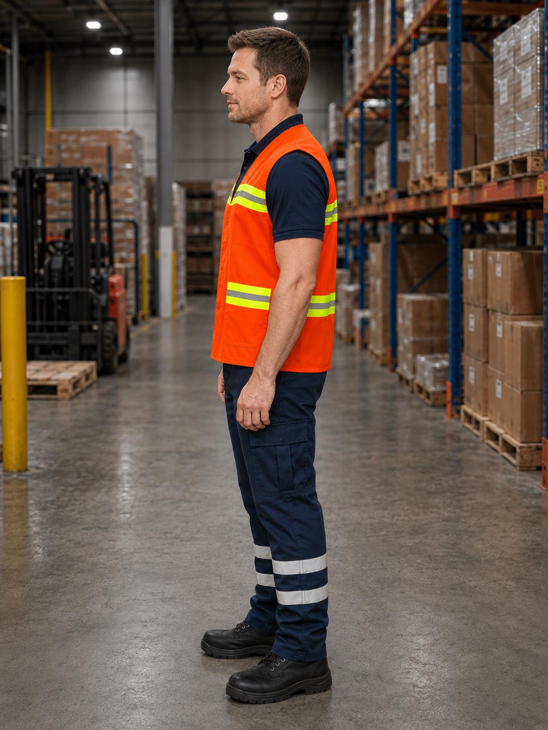 Full-length orange vest and navy reflective work trousers outfit.