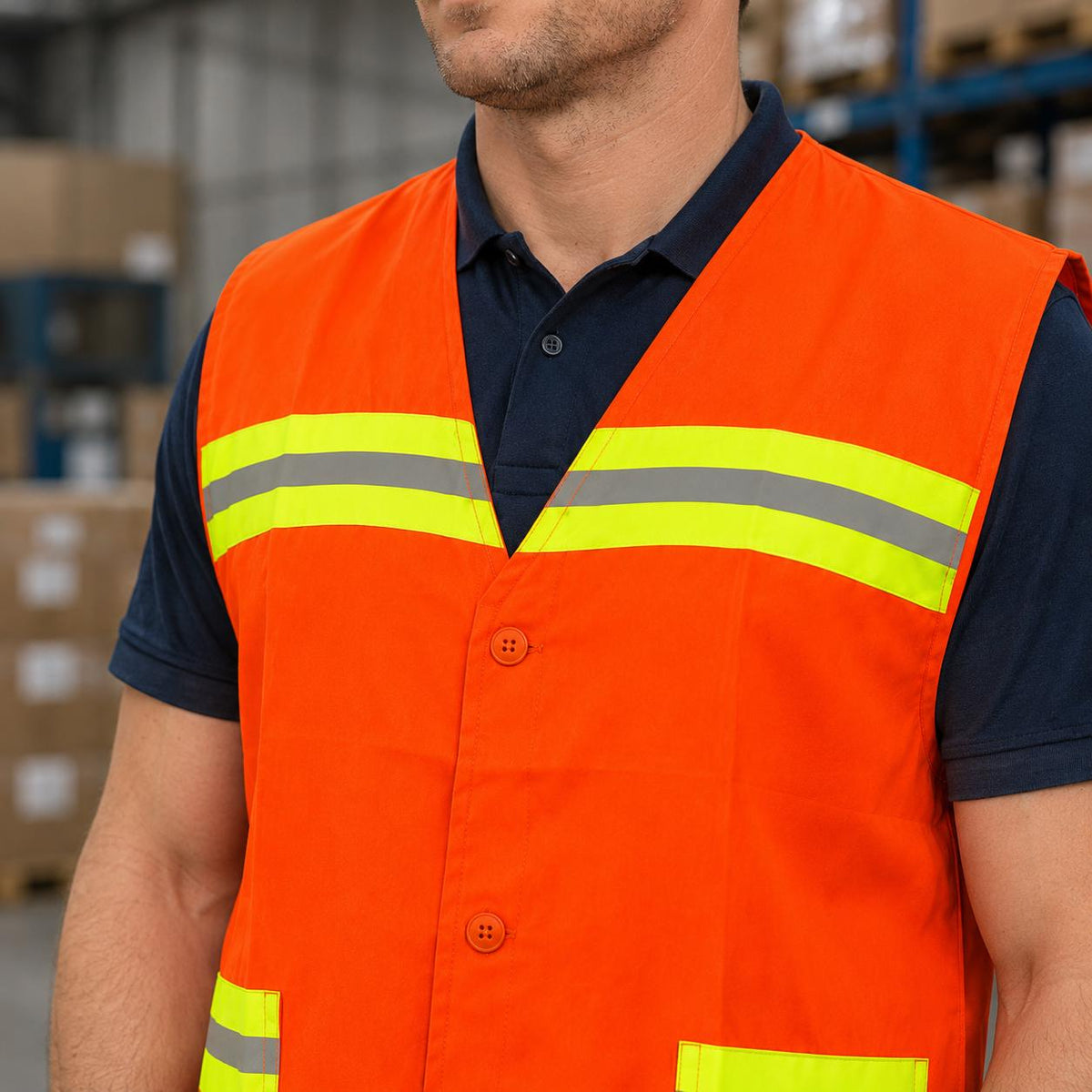 Orange vest V-neck, front buttons, and chest reflective bands.