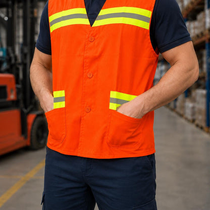 Orange reflective vest with button closure and two front pockets.