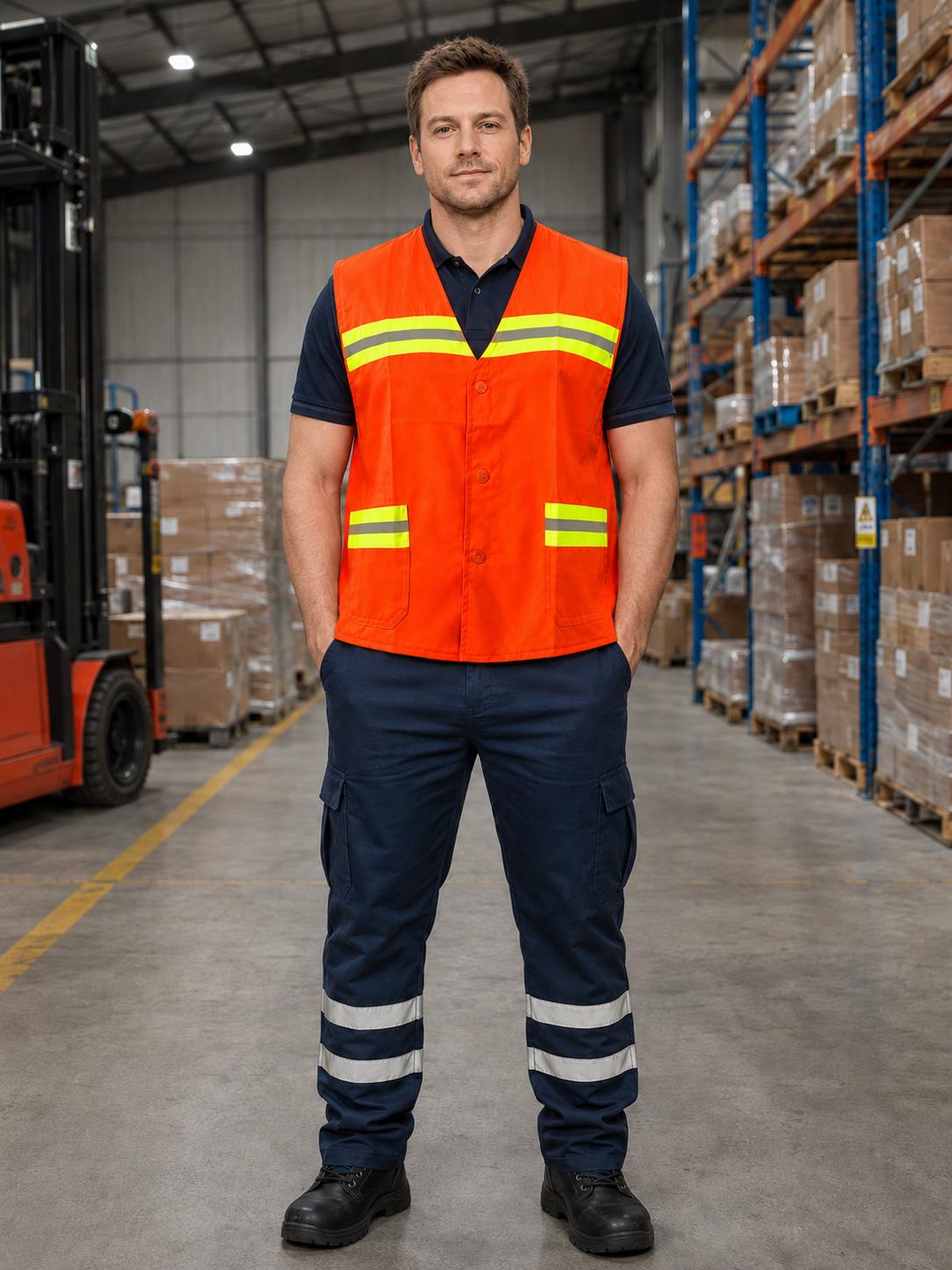 Orange safety vest worn with navy cargo trousers.