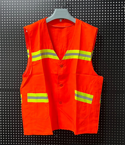 Orange vest front view with reflective bands and patch pockets.