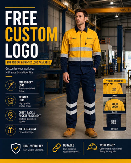 Two-tone yellow/navy reflective shirt and trousers set.