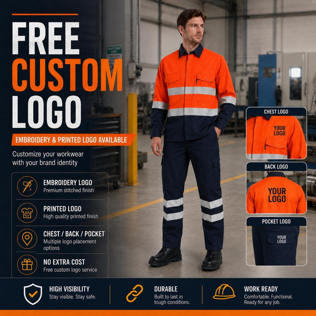 Orange/navy high-visibility long-sleeve uniform with reflective bands.