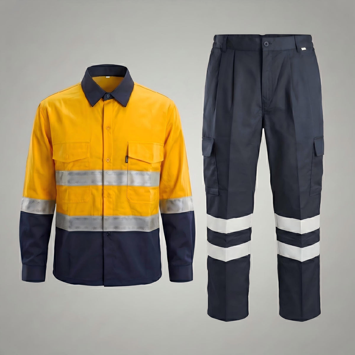 Yellow/navy shirt and trousers with double reflective bands.