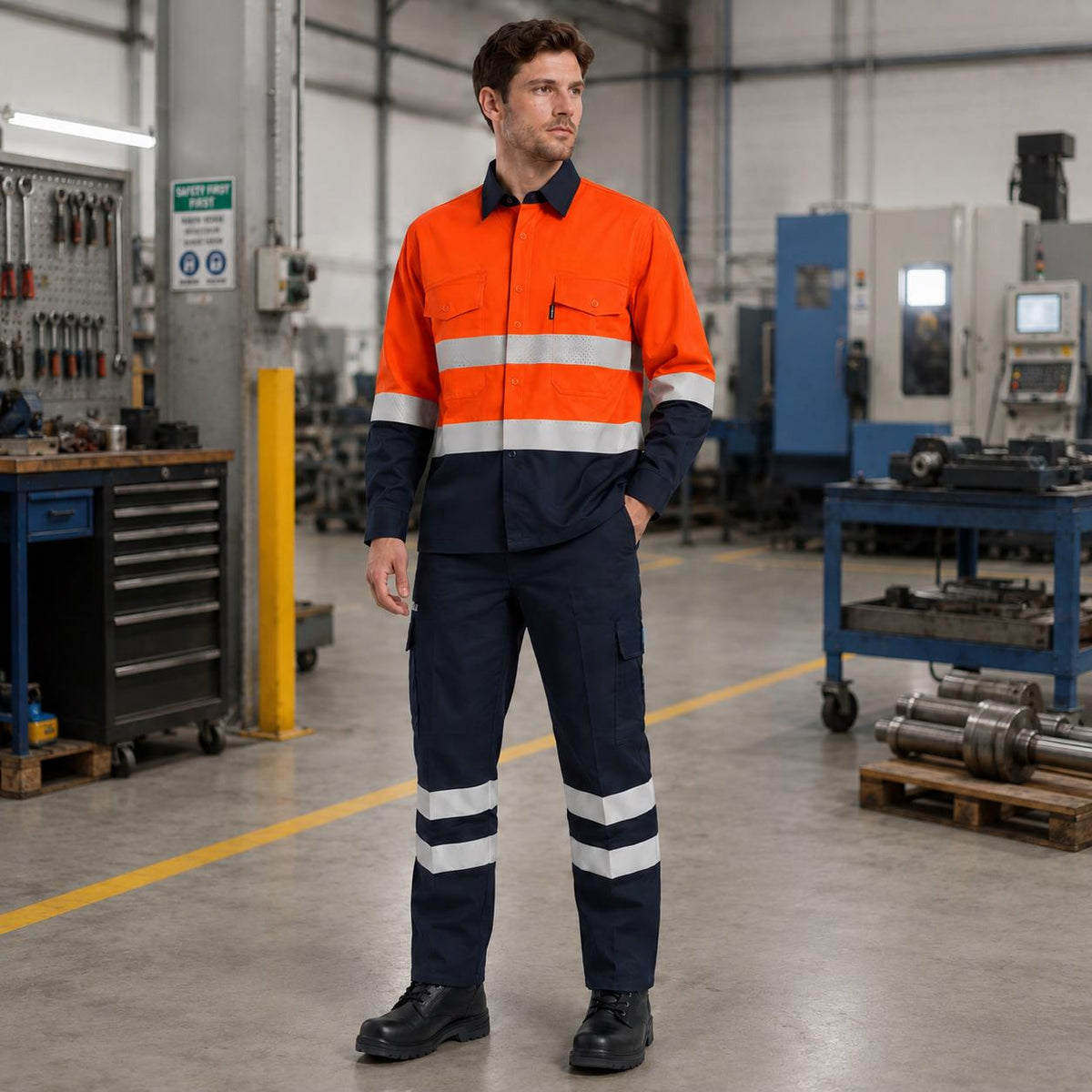 Orange/navy reflective shirt and trousers uniform.