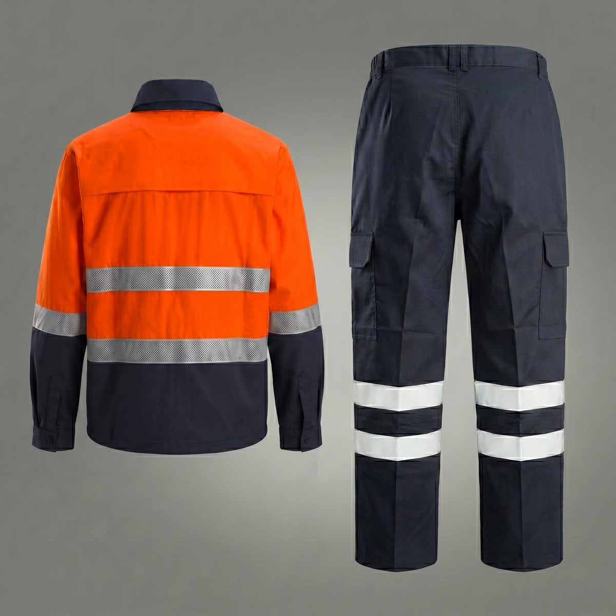 Orange/navy high-visibility jacket and trousers set.