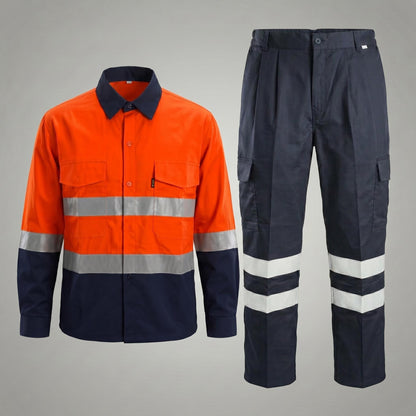 Orange/navy reflective uniform shown full length.