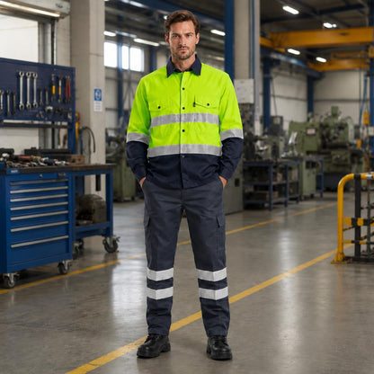Neon yellow/navy reflective shirt with cargo trousers.