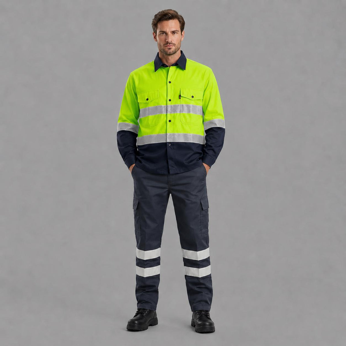 Neon yellow/navy high-visibility uniform with cargo pockets.