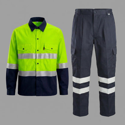Neon yellow/navy reflective work shirt and trousers set.
