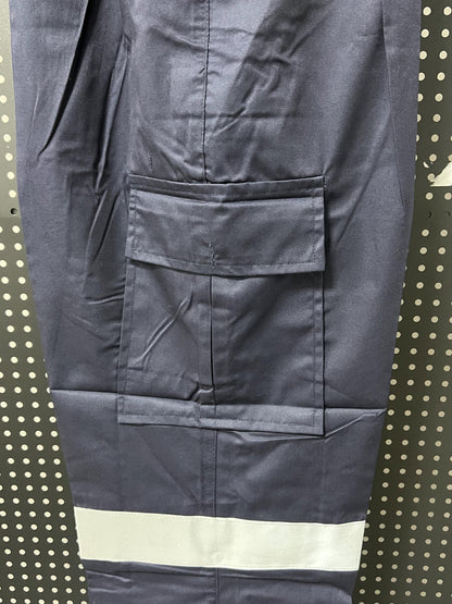 Navy cargo trousers pocket and reflective leg band detail.