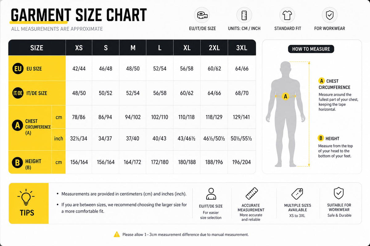 Garment size chart XS–3XL with measuring diagram.
