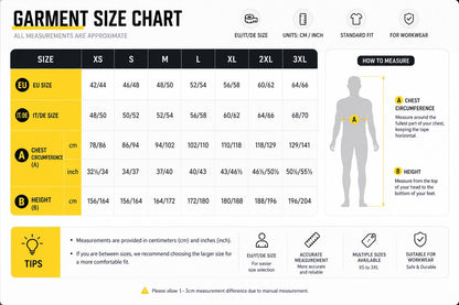 Garment size chart XS–3XL with measuring diagram.