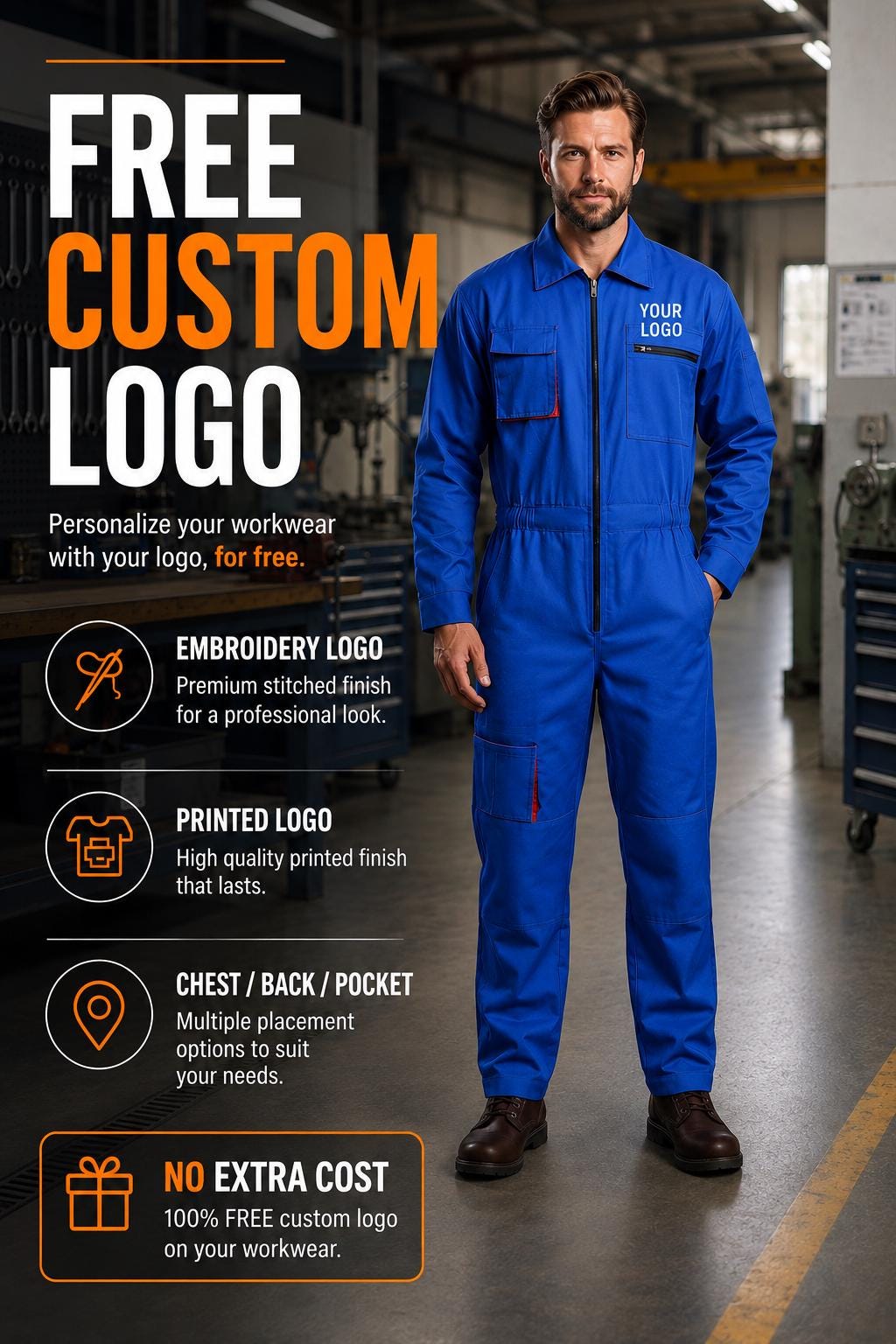 Bright blue work coverall with front zipper, long sleeves and multiple pockets