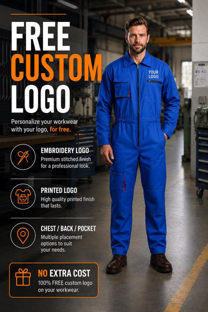 Bright blue work coverall with front zipper, long sleeves and multiple pockets