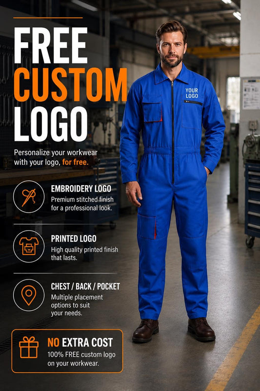 Bright blue work coverall with front zipper, long sleeves and multiple pockets