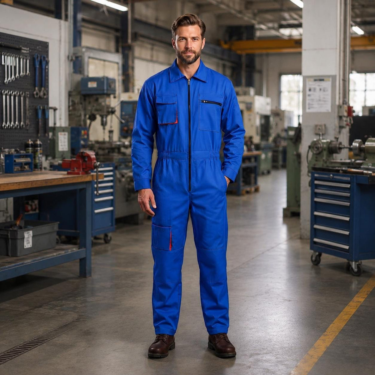 Bright blue long-sleeve coverall with chest, zipper and leg pockets