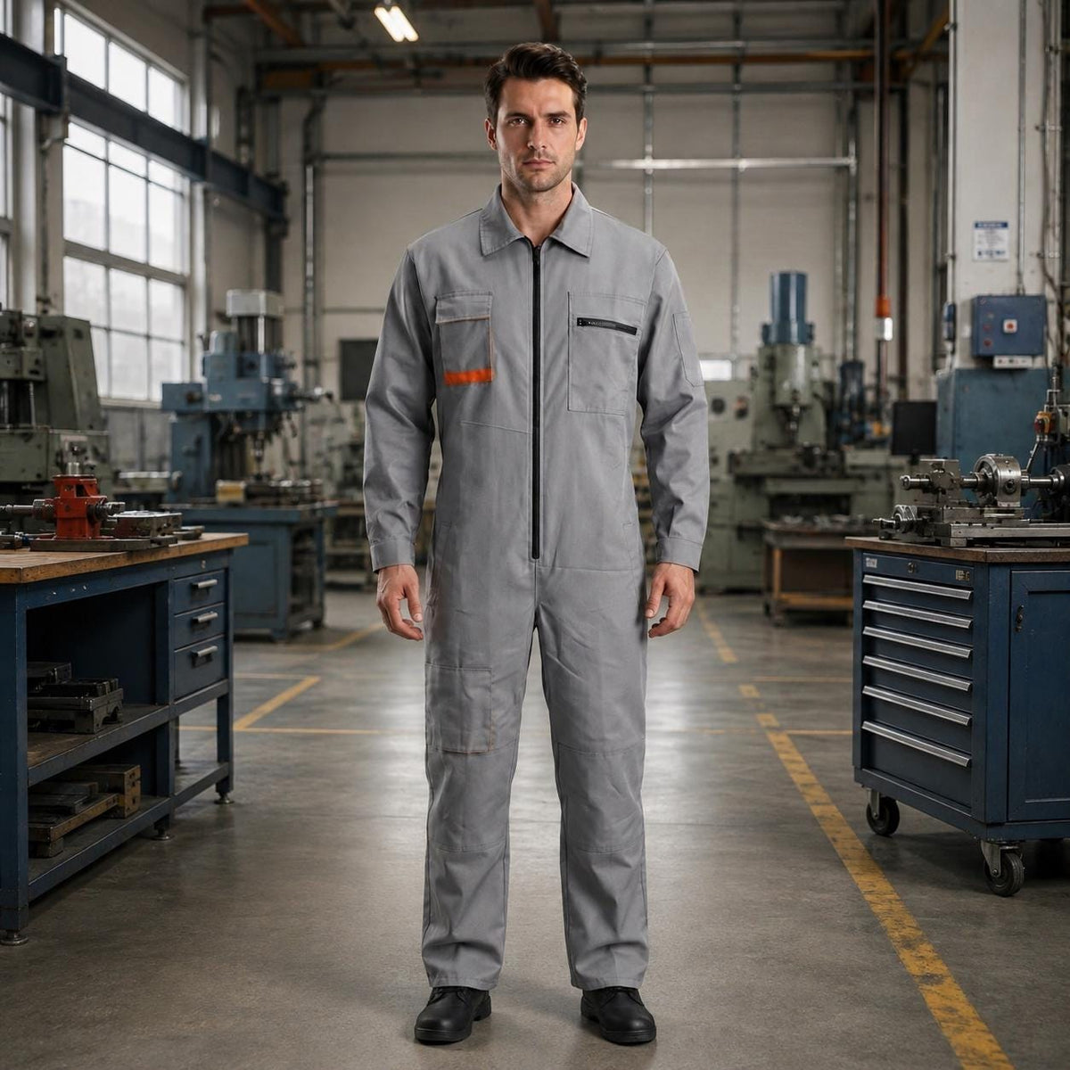 Light gray long-sleeve coverall with black zipper and orange pocket detail