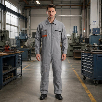 Light gray long-sleeve coverall with black zipper and orange pocket detail