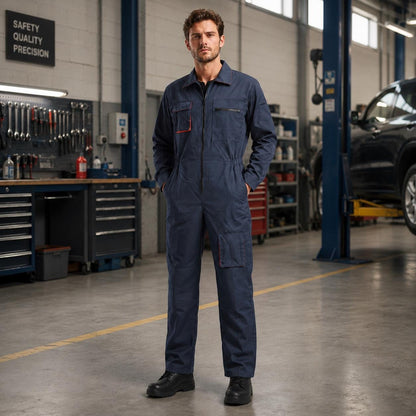 Navy blue long-sleeve coverall with utility pockets and elastic waist