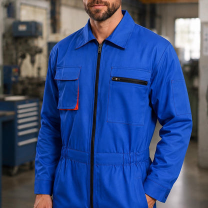 Bright blue work coverall front with black zipper and orange pocket accent