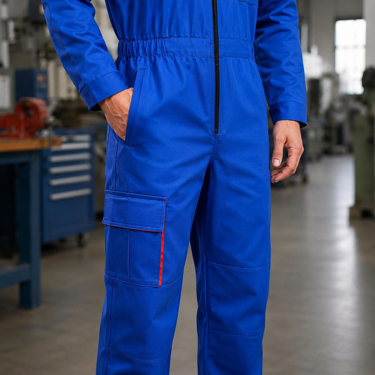 Bright blue coverall waist and side pocket detail